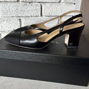 CHANEL Black Leather Slingback Heels with Block Heel